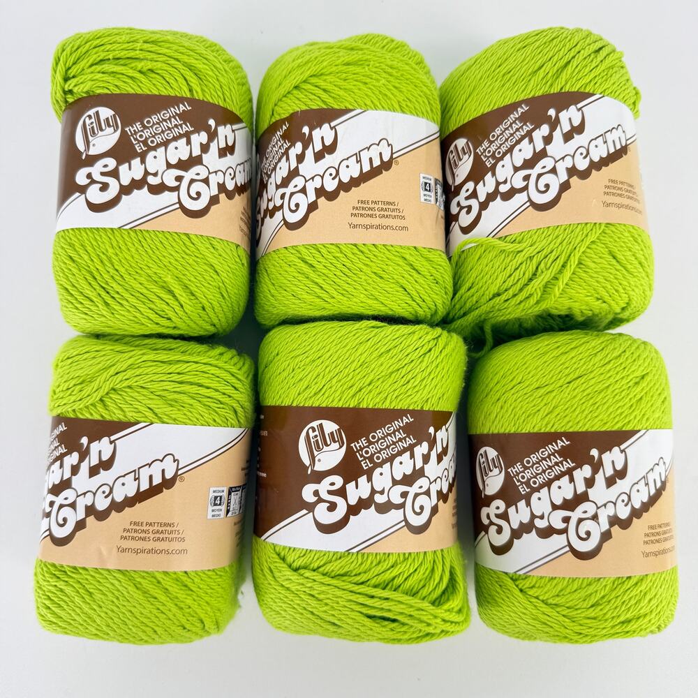 Lily Sugar'n Cream Yarn Lot 6 Skeins Hot Green 100% Cotton Worsted